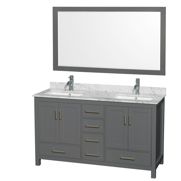 Sheffield 60 Inch Double Bathroom Vanity In Dark Gray, White Carrara Marble Countertop, Undermount Square Sinks, And 58 Inch Mirror