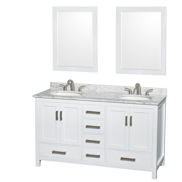 Sheffield 60 Inch Double Bathroom Vanity In White, White Carrara Marble Countertop, Undermount Oval Sinks, And 24 Inch Mirrors