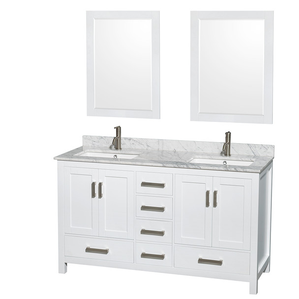 Sheffield 60 Inch Double Bathroom Vanity In White, White Carrara Marble Countertop, Undermount Square Sinks, And 24 Inch Mirrors