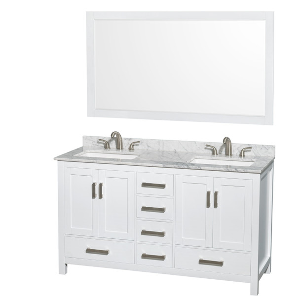 Sheffield 60 Inch Double Bathroom Vanity In White, White Carrara Marble Countertop, Undermount 3-hole Square Sinks, 58 Inch Mirror