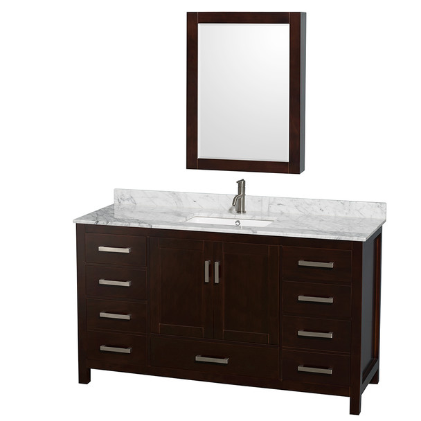 Sheffield 60 Inch Single Bathroom Vanity In Espresso, White Carrara Marble Countertop, Undermount Square Sink, And Medicine Cabinet