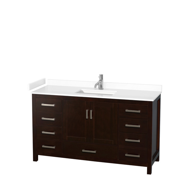 Sheffield 60 Inch Single Bathroom Vanity In Espresso, White Cultured Marble Countertop, Undermount Square Sink, No Mirror