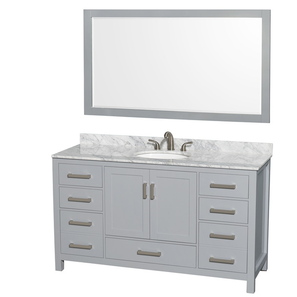 Sheffield 60 Inch Single Bathroom Vanity In Gray, White Carrara Marble Countertop, Undermount Oval Sink, And 58 Inch Mirror