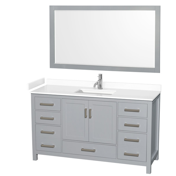 Sheffield 60 Inch Single Bathroom Vanity In Gray, White Cultured Marble Countertop, Undermount Square Sink, 58 Inch Mirror
