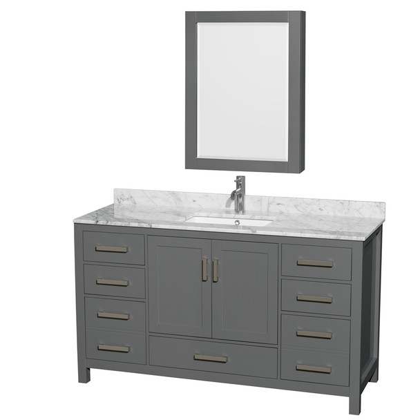 Sheffield 60 Inch Single Bathroom Vanity In Dark Gray, White Carrara Marble Countertop, Undermount Square Sink, And Medicine Cabinet