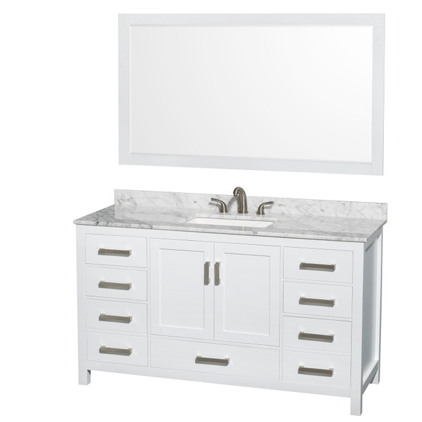 Sheffield 60 Inch Single Bathroom Vanity In White, White Carrara Marble Countertop, Undermount 3-hole Square Sink, 58 Inch Mirror