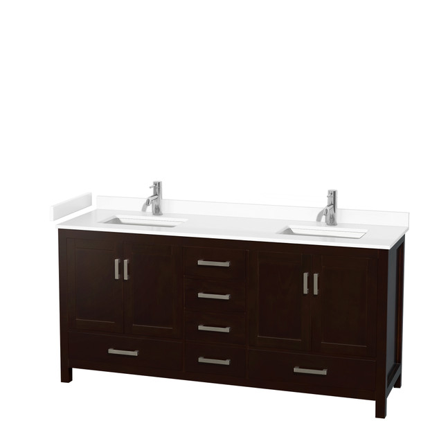 Sheffield 72 Inch Double Bathroom Vanity In Espresso, White Cultured Marble Countertop, Undermount Square Sinks, No Mirror