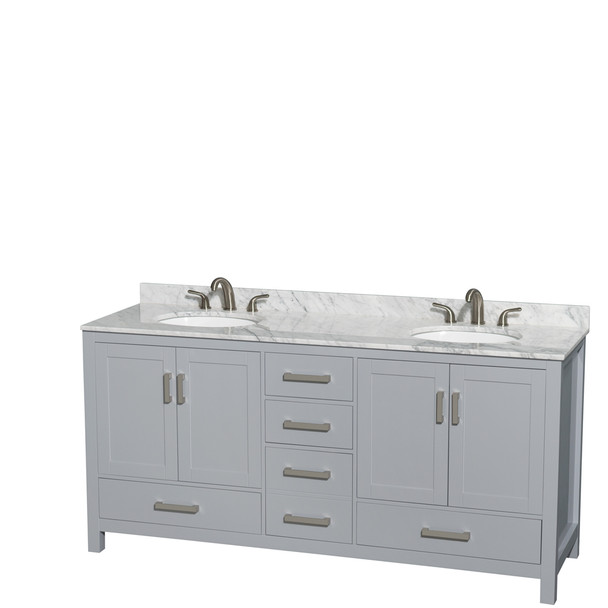 Sheffield 72 Inch Double Bathroom Vanity In Gray, White Carrara Marble Countertop, Undermount Oval Sinks, And No Mirror