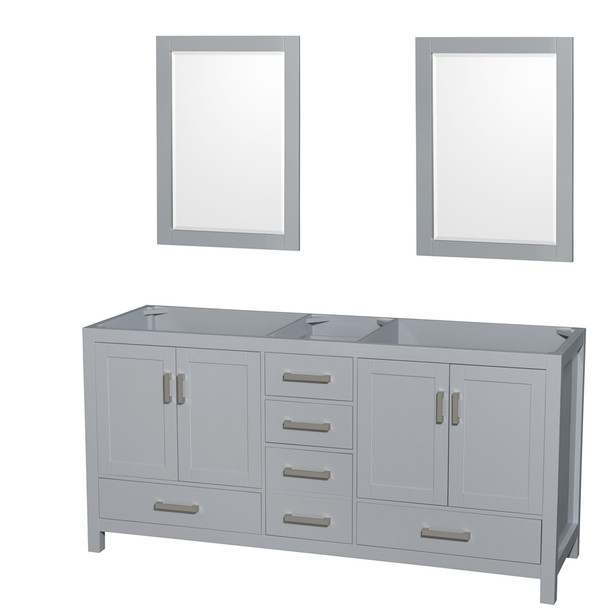 Sheffield 72 Inch Double Bathroom Vanity In Gray, No Countertop, No Sink, And 24 Inch Mirrors