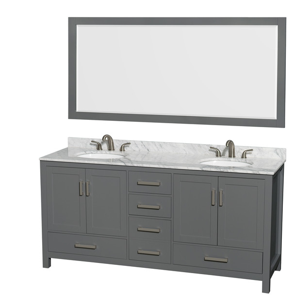Sheffield 72 Inch Double Bathroom Vanity In Dark Gray, White Carrara Marble Countertop, Undermount Oval Sinks, And 70 Inch Mirror