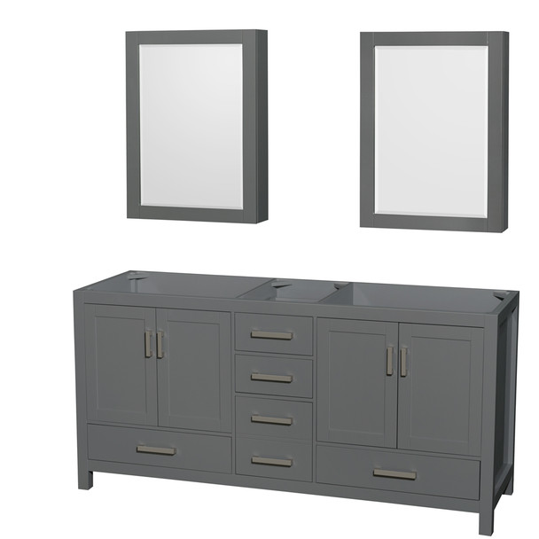 Sheffield 72 Inch Double Bathroom Vanity In Dark Gray, No Countertop, No Sink, And Medicine Cabinets