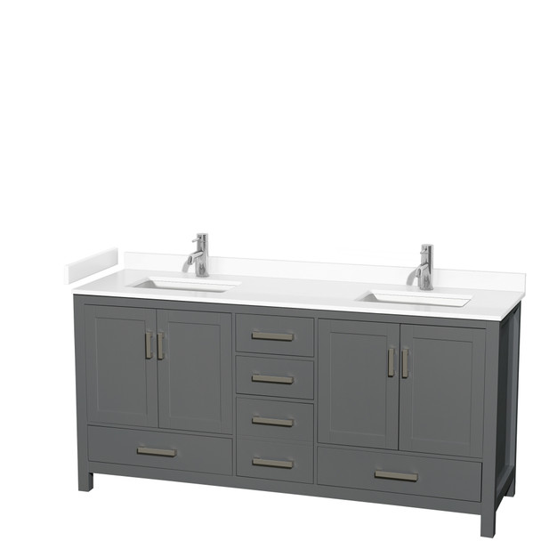 Sheffield 72 Inch Double Bathroom Vanity In Dark Gray, White Cultured Marble Countertop, Undermount Square Sinks, No Mirror