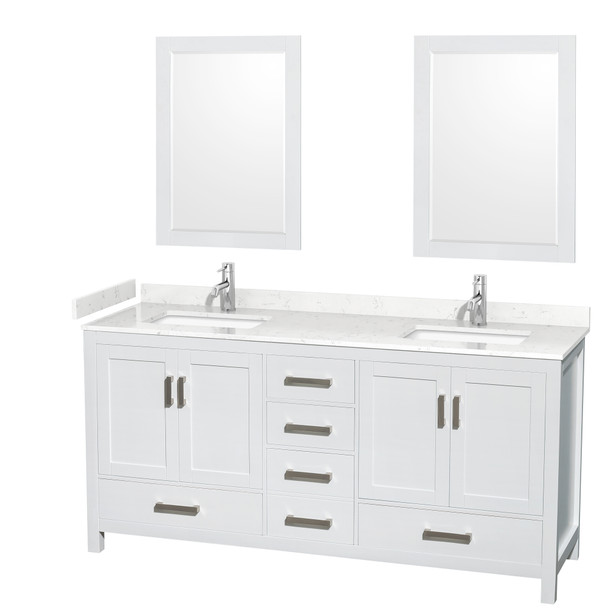 Sheffield 72 Inch Double Bathroom Vanity In White, Carrara Cultured Marble Countertop, Undermount Square Sinks, 24 Inch Mirrors