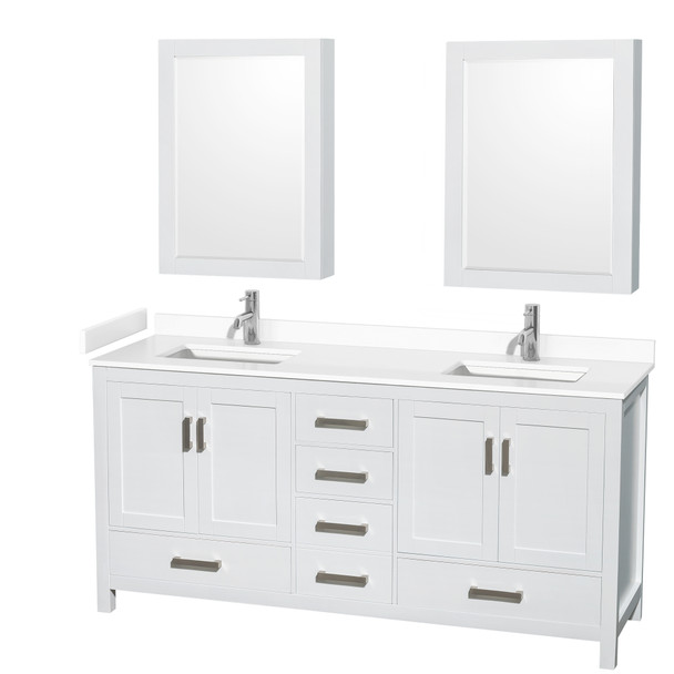 Sheffield 72 Inch Double Bathroom Vanity In White, White Cultured Marble Countertop, Undermount Square Sinks, Medicine Cabinets