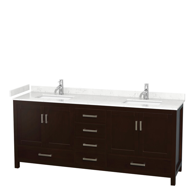 Sheffield 80 Inch Double Bathroom Vanity In Espresso, Carrara Cultured Marble Countertop, Undermount Square Sinks, No Mirror