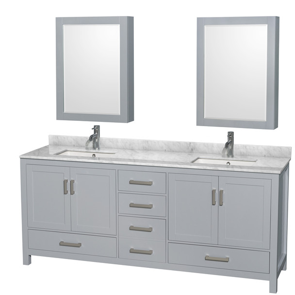 Sheffield 80 Inch Double Bathroom Vanity In Gray, White Carrara Marble Countertop, Undermount Square Sinks, And Medicine Cabinets