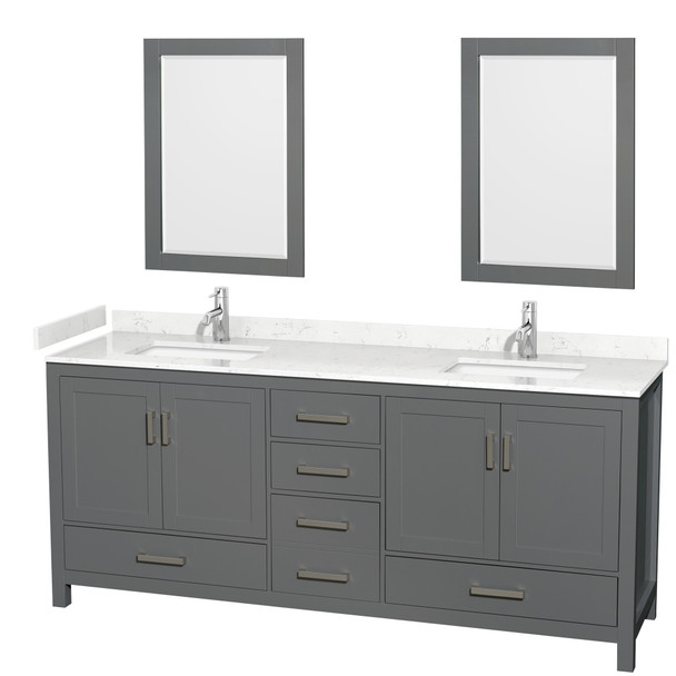 Sheffield 80 Inch Double Bathroom Vanity In Dark Gray, Carrara Cultured Marble Countertop, Undermount Square Sinks, 24 Inch Mirrors