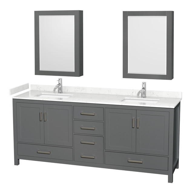 Sheffield 80 Inch Double Bathroom Vanity In Dark Gray, Carrara Cultured Marble Countertop, Undermount Square Sinks, Medicine Cabinets