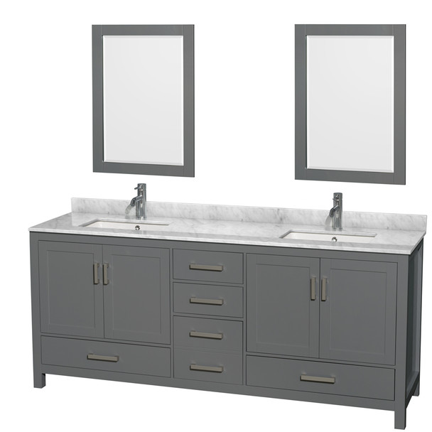 Sheffield 80 Inch Double Bathroom Vanity In Dark Gray, White Carrara Marble Countertop, Undermount Square Sinks, And 24 Inch Mirrors