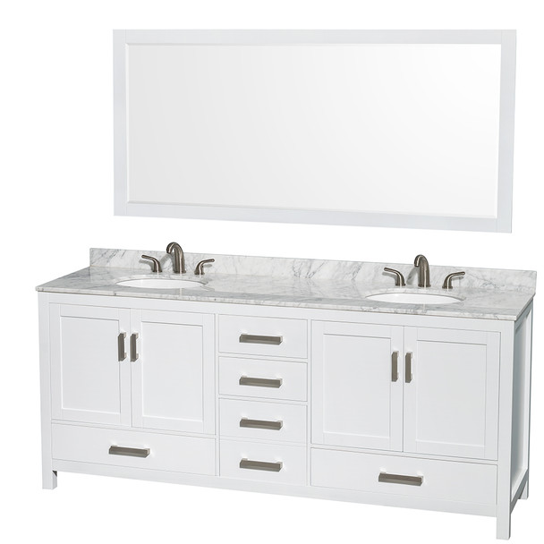 Sheffield 80 Inch Double Bathroom Vanity In White, White Carrara Marble Countertop, Undermount Oval Sinks, And 70 Inch Mirror