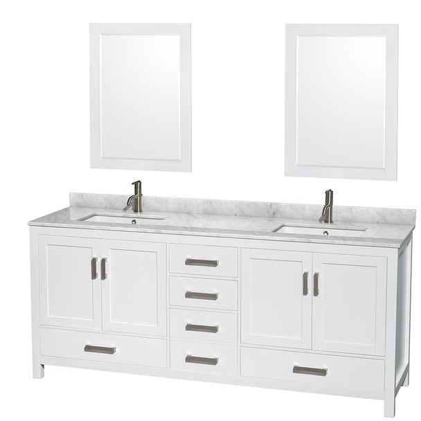 Sheffield 80 Inch Double Bathroom Vanity In White, White Carrara Marble Countertop, Undermount Square Sinks, And 24 Inch Mirrors