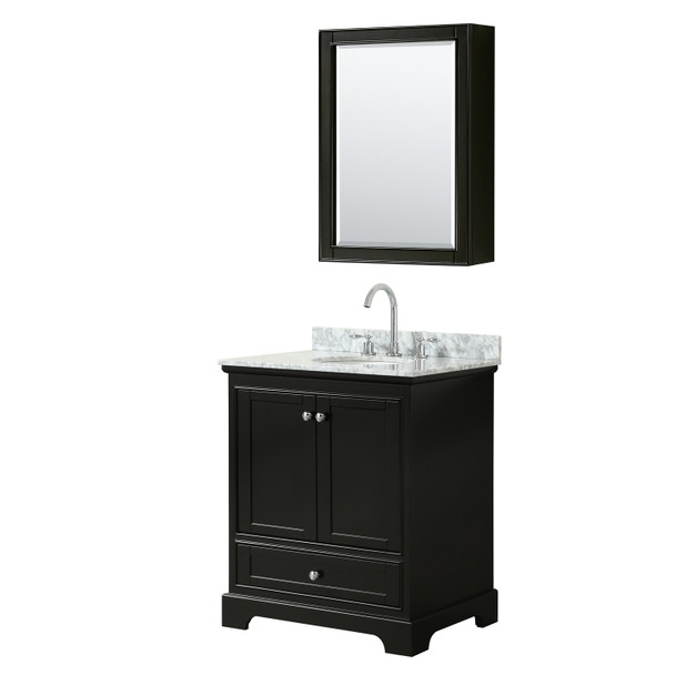 Deborah 30 Inch Single Bathroom Vanity In Dark Espresso, White Carrara Marble Countertop, Undermount Oval Sink, And Medicine Cabinet