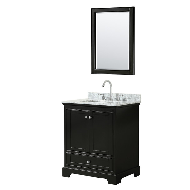 Deborah 30 Inch Single Bathroom Vanity In Dark Espresso, White Carrara Marble Countertop, Undermount Square Sink, And 24 Inch Mirror