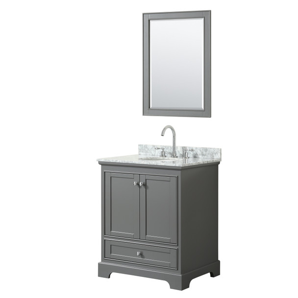 Deborah 30 Inch Single Bathroom Vanity In Dark Gray, White Carrara Marble Countertop, Undermount Oval Sink, And 24 Inch Mirror