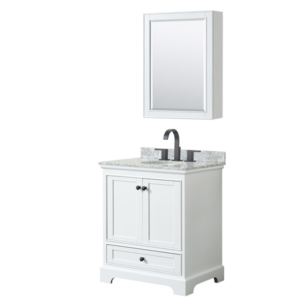 Deborah 30 Inch Single Bathroom Vanity In White, White Carrara Marble Countertop, Undermount Oval Sink, Matte Black Trim, Medicine Cabinet