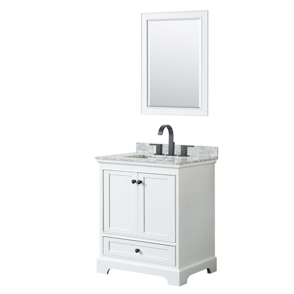 Deborah 30 Inch Single Bathroom Vanity In White, White Carrara Marble Countertop, Undermount Square Sink, Matte Black Trim, 24 Inch Mirror