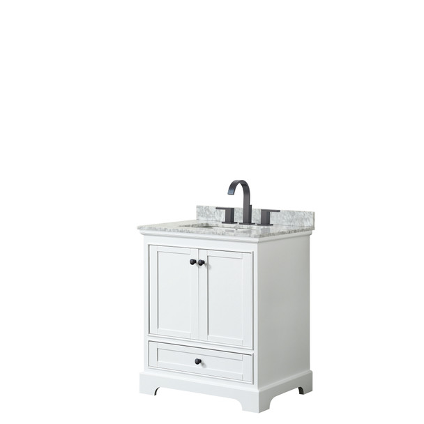 Deborah 30 Inch Single Bathroom Vanity In White, White Carrara Marble Countertop, Undermount Square Sink, Matte Black Trim