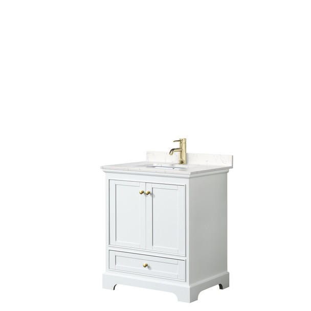 Deborah 30 Inch Single Bathroom Vanity In White, Carrara Cultured Marble Countertop, Undermount Square Sink, Brushed Gold Trim, No Mirror
