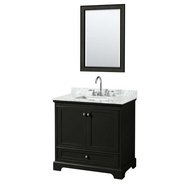 Deborah 36 Inch Single Bathroom Vanity In Dark Espresso, White Carrara Marble Countertop, Undermount Square Sink, And 24 Inch Mirror