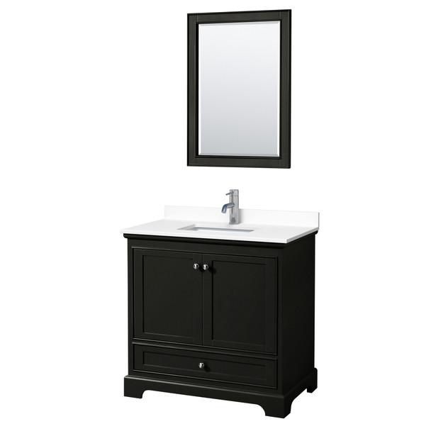 Deborah 36 Inch Single Bathroom Vanity In Dark Espresso, White Cultured Marble Countertop, Undermount Square Sink, 24 Inch Mirror