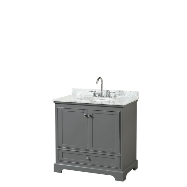 Deborah 36 Inch Single Bathroom Vanity In Dark Gray, White Carrara Marble Countertop, Undermount Oval Sink, And No Mirror