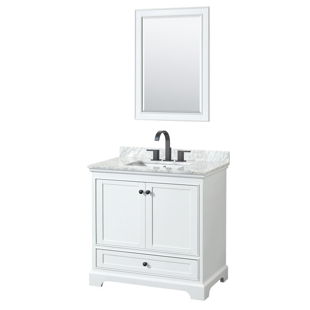 Deborah 36 Inch Single Bathroom Vanity In White, White Carrara Marble Countertop, Undermount Square Sink, Matte Black Trim, 24 Inch Mirror
