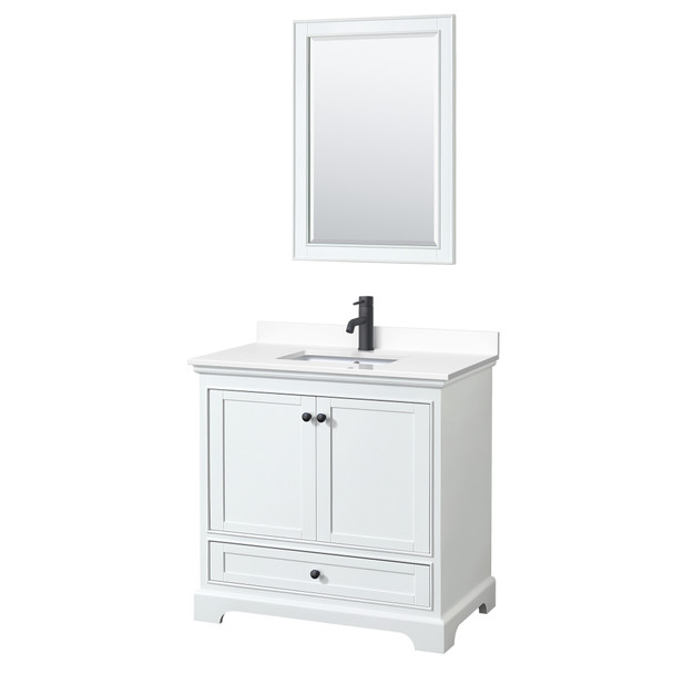Deborah 36 Inch Single Bathroom Vanity In White, White Cultured Marble Countertop, Undermount Square Sink, Matte Black Trim, 24 Inch Mirror