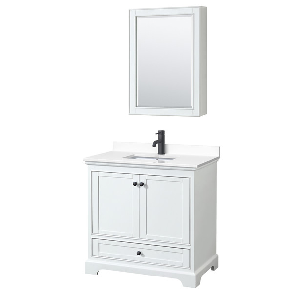 Deborah 36 Inch Single Bathroom Vanity In White, White Cultured Marble Countertop, Undermount Square Sink, Matte Black Trim, Medicine Cabinet
