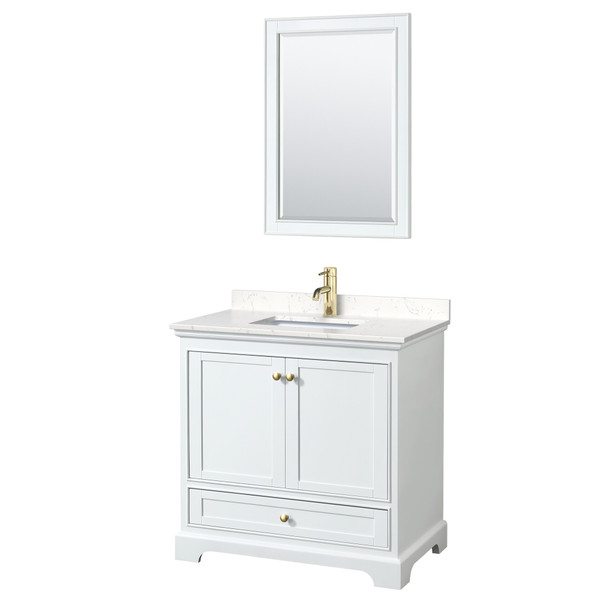 Deborah 36 Inch Single Bathroom Vanity In White, Carrara Cultured Marble Countertop, Undermount Square Sink, Brushed Gold Trim, 24 Inch Mirror