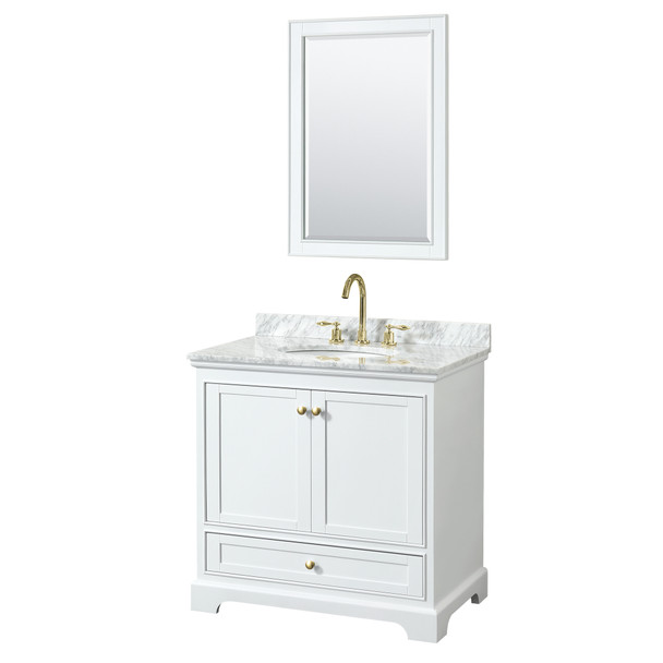 Deborah 36 Inch Single Bathroom Vanity In White, White Carrara Marble Countertop, Undermount Oval Sink, Brushed Gold Trim, 24 Inch Mirror