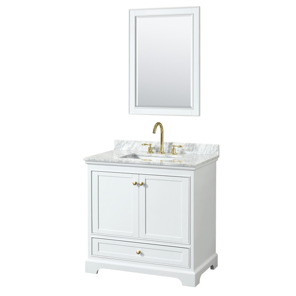 Deborah 36 Inch Single Bathroom Vanity In White, White Carrara Marble Countertop, Undermount Square Sink, Brushed Gold Trim, 24 Inch Mirror