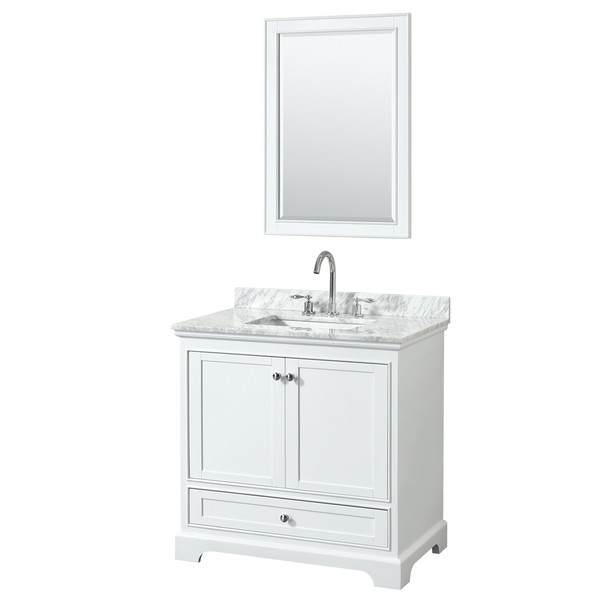 Deborah 36 Inch Single Bathroom Vanity In White, White Carrara Marble Countertop, Undermount Square Sink, And 24 Inch Mirror