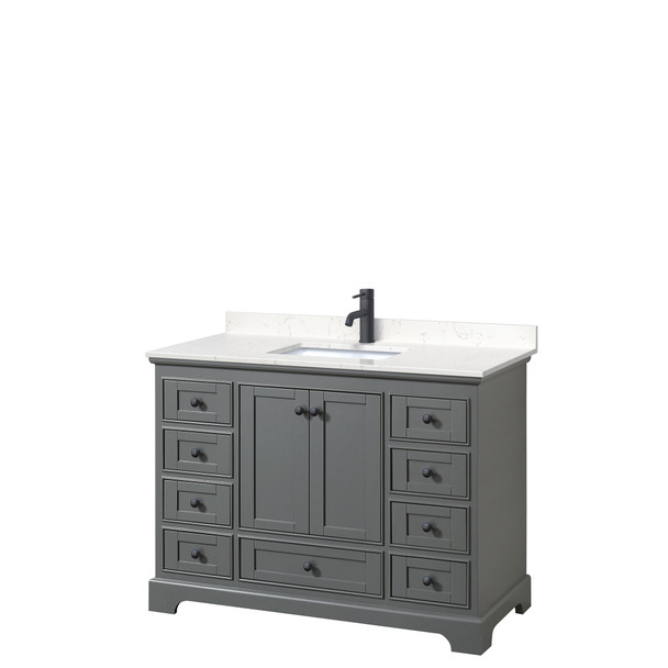 Deborah 48 Inch Single Bathroom Vanity In Dark Gray, Carrara Cultured Marble Countertop, Undermount Square Sink, Matte Black Trim