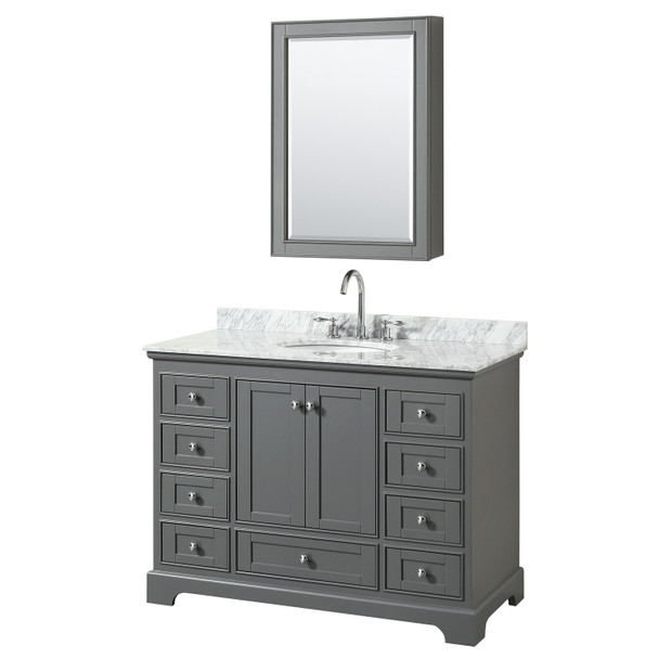 Deborah 48 Inch Single Bathroom Vanity In Dark Gray, White Carrara Marble Countertop, Undermount Oval Sink, And Medicine Cabinet
