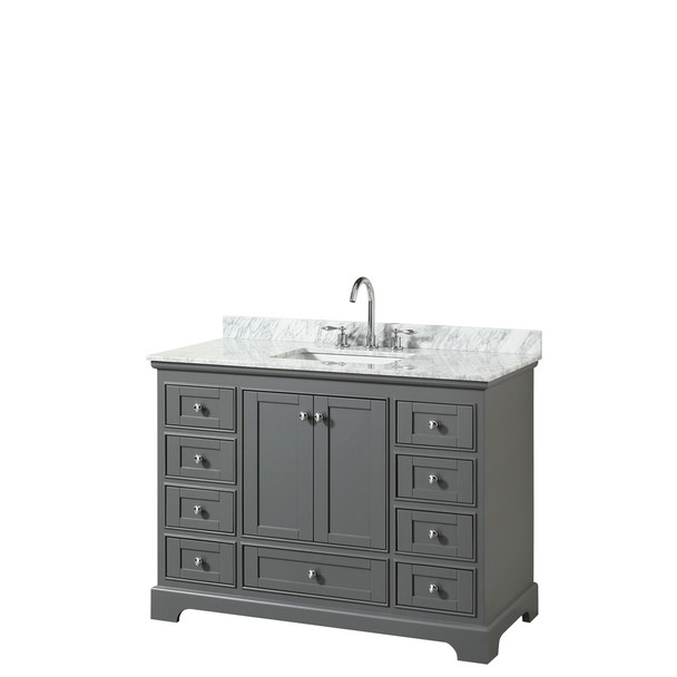 Deborah 48 Inch Single Bathroom Vanity In Dark Gray, White Carrara Marble Countertop, Undermount Square Sink, And No Mirror