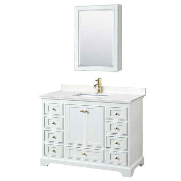 Deborah 48 Inch Single Bathroom Vanity In White, Carrara Cultured Marble Countertop, Undermount Square Sink, Brushed Gold Trim, Medicine Cabinet