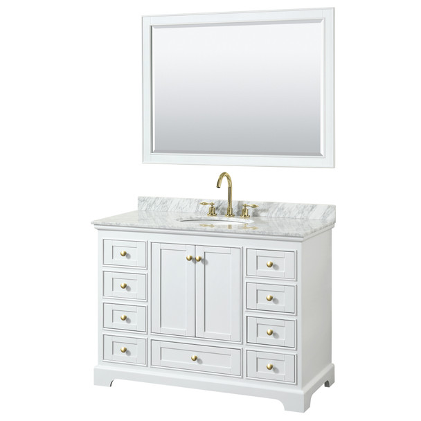 Deborah 48 Inch Single Bathroom Vanity In White, White Carrara Marble Countertop, Undermount Oval Sink, Brushed Gold Trim, 46 Inch Mirror