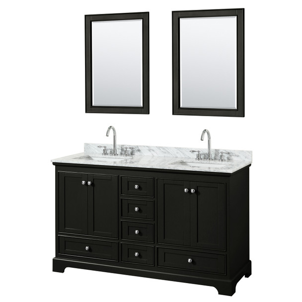 Deborah 60 Inch Double Bathroom Vanity In Dark Espresso, White Carrara Marble Countertop, Undermount Square Sinks, And 24 Inch Mirrors