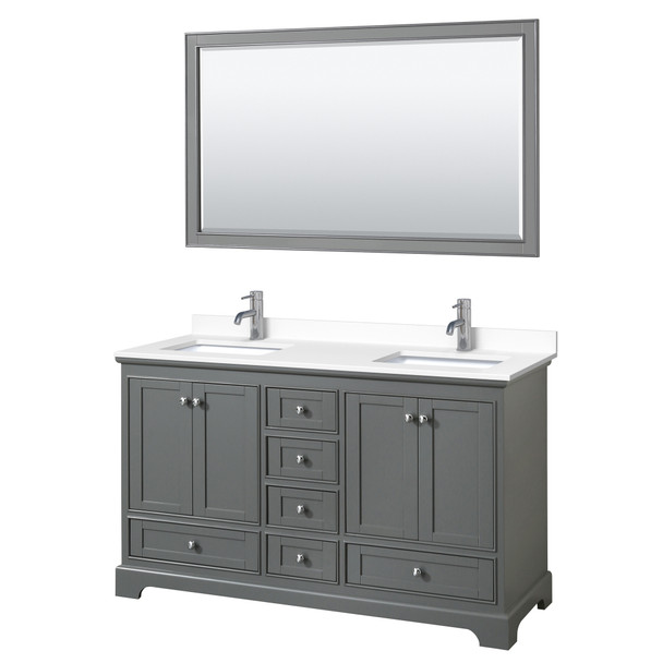 Deborah 60 Inch Double Bathroom Vanity In Dark Gray, White Cultured Marble Countertop, Undermount Square Sinks, 58 Inch Mirror