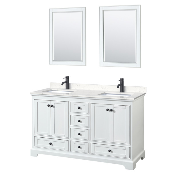 Deborah 60 Inch Double Bathroom Vanity In White, Carrara Cultured Marble Countertop, Undermount Square Sinks, Matte Black Trim, 24 Inch Mirrors